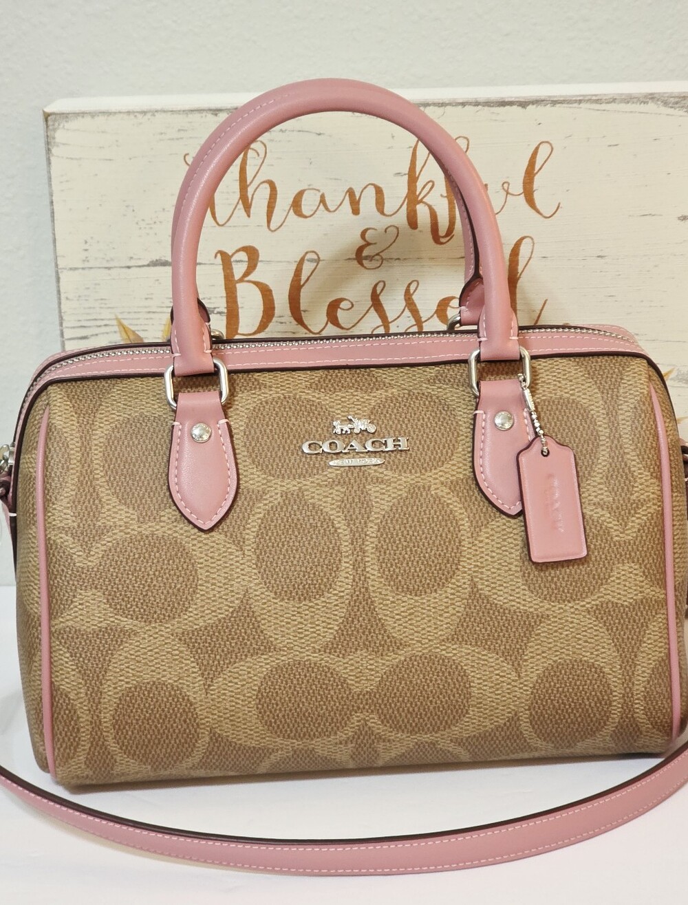 NEW Coach Rowan Pink Tan Crossbody Bag Maxi Signature CCD76 Purse Silver Satchel